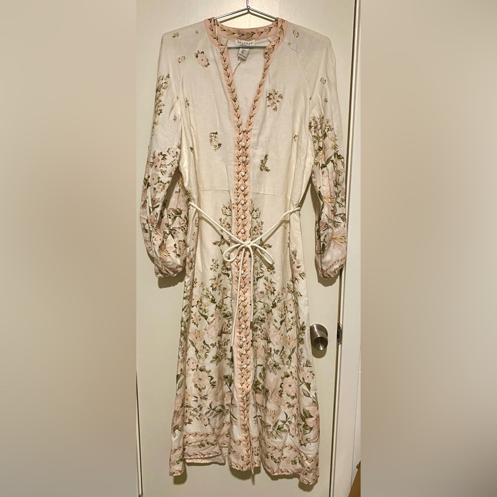 Calypso St. Barth Linen Cream Floral Long-Sleeve Midi Dress L - Picture 4 of 11